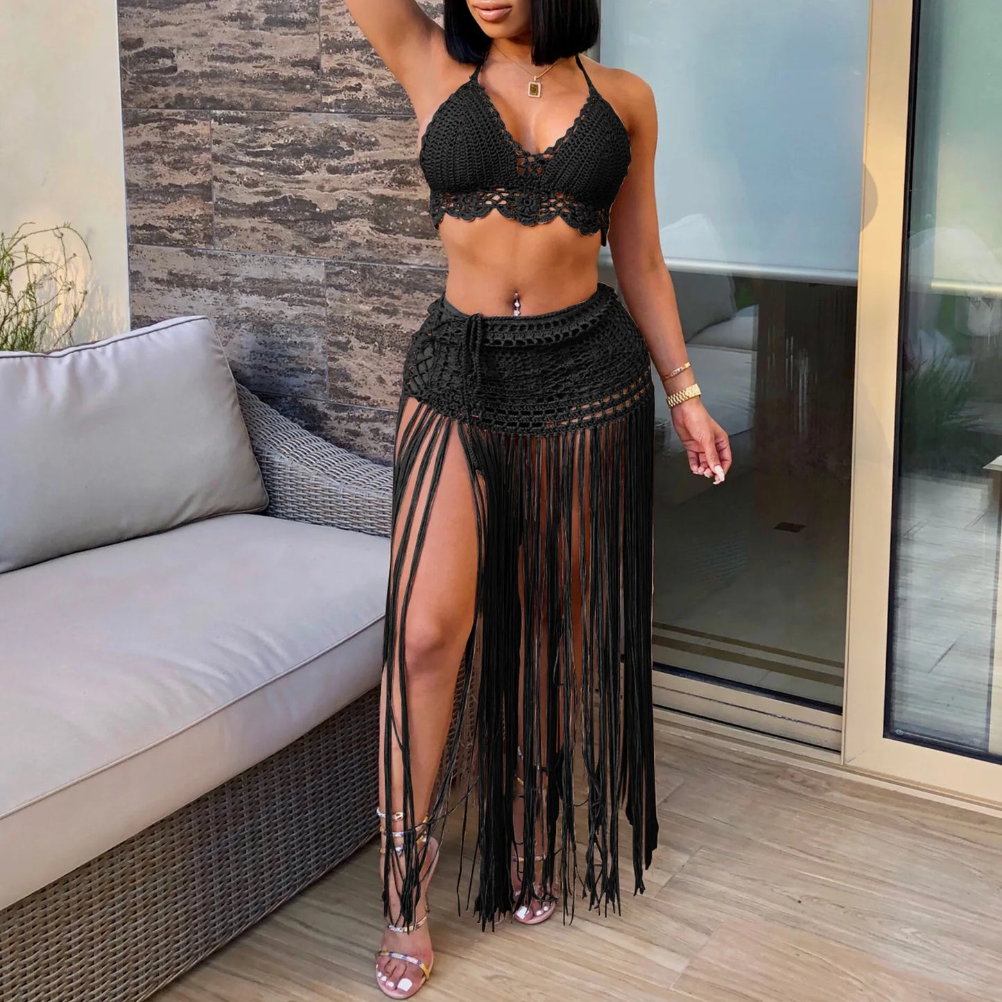 Conjunto de 2 piezas de crochet para mujer: Cubrebaños de playa