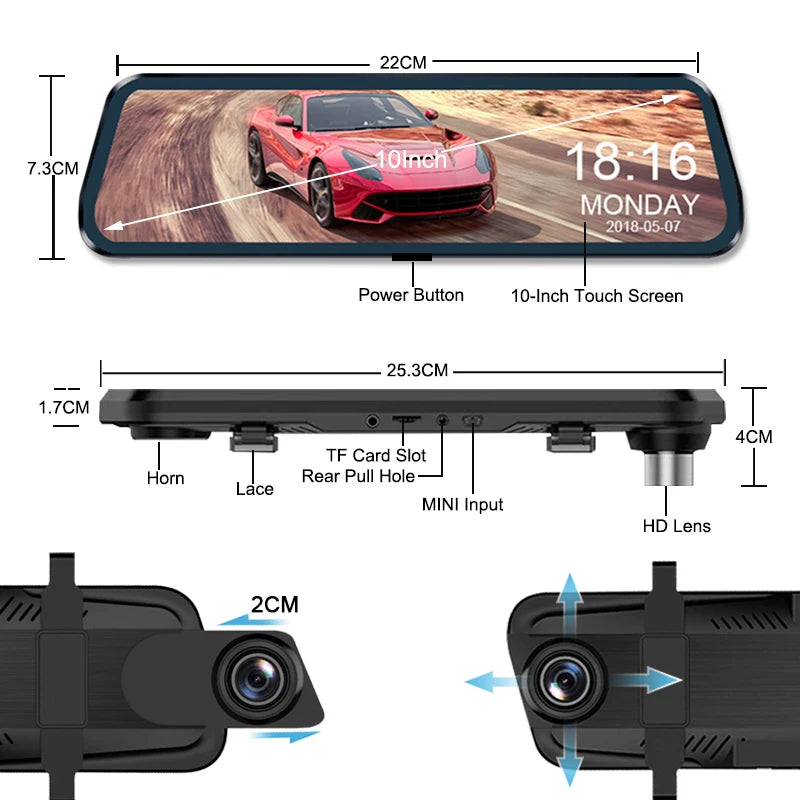 Grabadora de vídeo para coche de 10 pulgadas con pantalla táctil