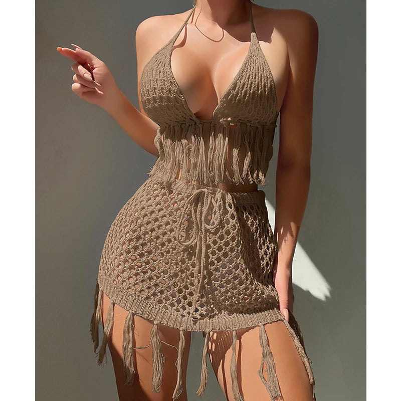 Conjunto de dos piezas de Crochet, Bikini Sexy con Cubrebikini