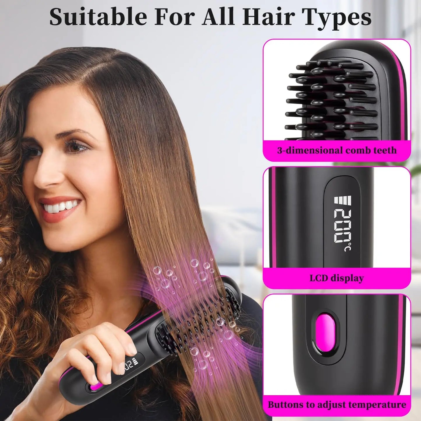 Cepillo alisador de pelo portátil con carga USB