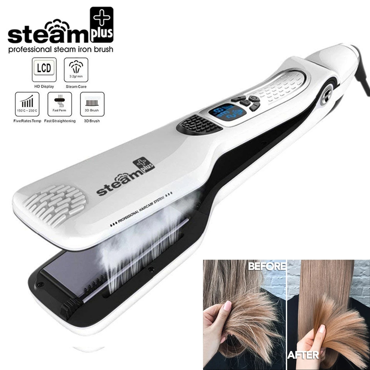 Cepillo alisador de pelo profesional a vapor, anti-quemaduras