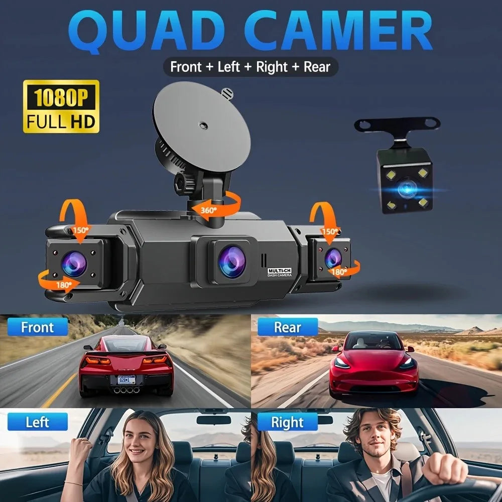Cámara de Salpicadero de 4 lentes y 360° con voz y Grabadora de Vídeo 1080P
