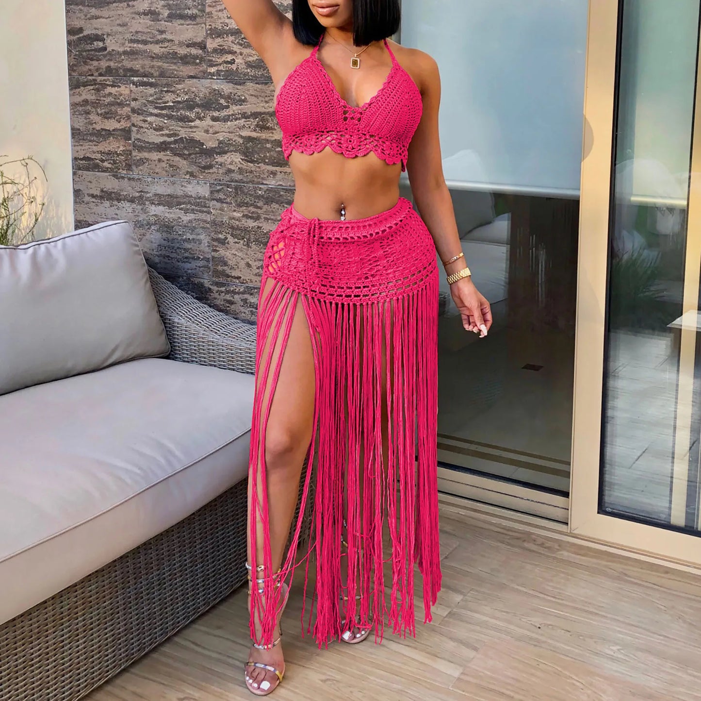 Conjunto de 2 piezas de crochet para mujer: Cubrebaños de playa
