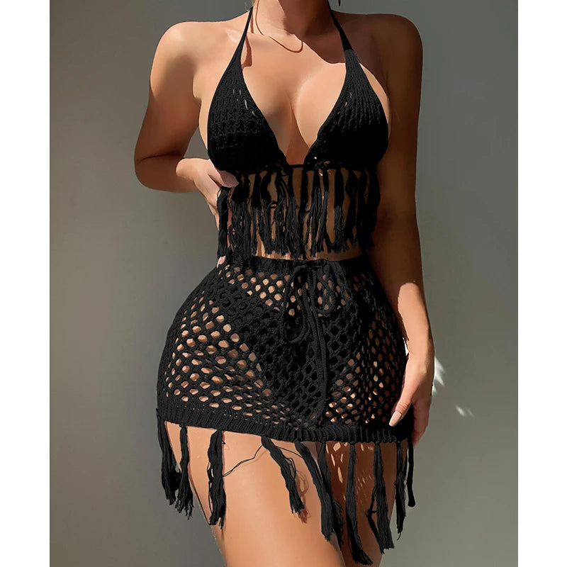 Conjunto de dos piezas de Crochet, Bikini Sexy con Cubrebikini