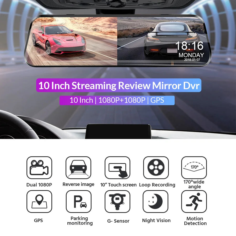 Grabadora de vídeo para coche de 10 pulgadas con pantalla táctil